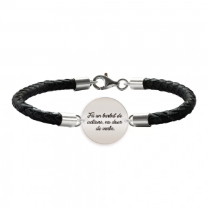 Bratara argint banut 16 mm si piele impletita - personalizata cu text